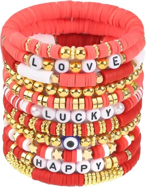 11pcs Beaded Bracelets Set Surfer Heishi Clay Bead Friendship Bracelets for Women Bohemian Stackable Evil Eye Vinyl Disc Beaded Stretch Bracelets Elastic Layering Preppy Y2K Bracelets Jewelry for Teen Girls