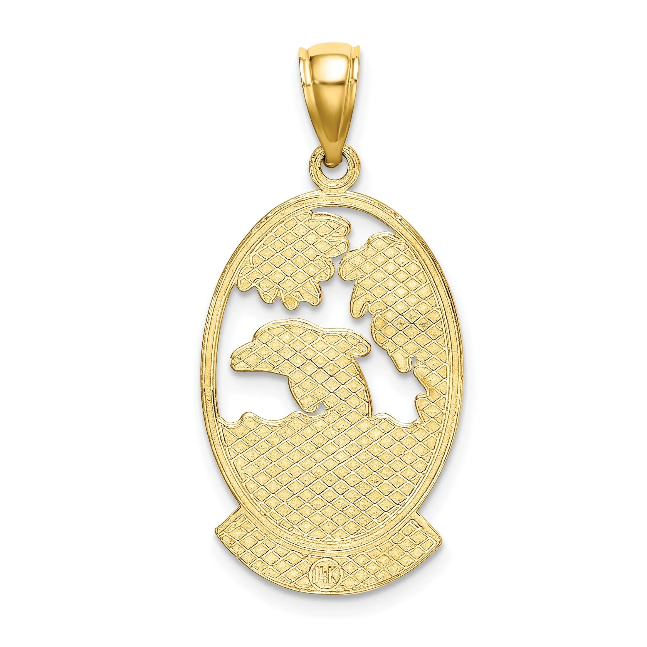 14K Yellow Gold Polished Finish Flat Back ARUBA With Dolphin Sunset Design In Oval Shape Frame Charm Pendant