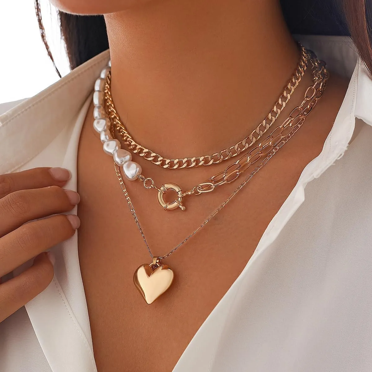 3PCS Gold Layered Choker Necklace for Women Heart Pearl Pendant Necklace Stacking Chunky Heart Necklace Set, Valentine, Mother's Day Jewelry