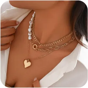 3PCS Gold Layered Choker Necklace for Women Heart Pearl Pendant Necklace Stacking Chunky Heart Necklace Set, Valentine, Mother's Day Jewelry