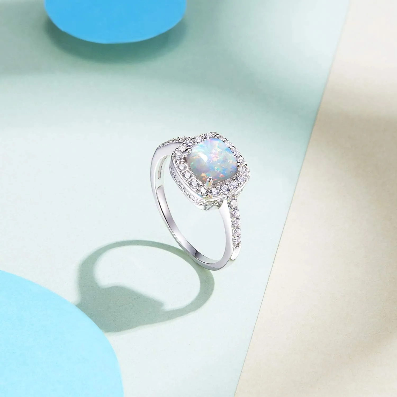 Carleen Created Opal Ring 925 Sterling Silver October Birthstone Cubic Zirconia CZ Halo Engagement Wedding Ring Fine Jewelry Gift for Women, All Size