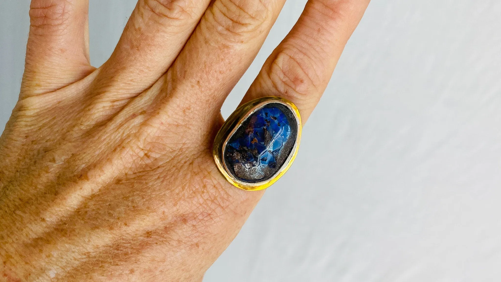 Fire Opal Ring. Size 7.75. Brass and Sterling Silver 0332