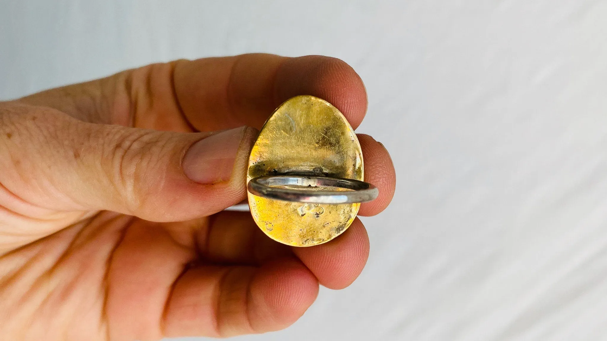 Fire Opal Ring. Size 7.75. Brass and Sterling Silver 0332