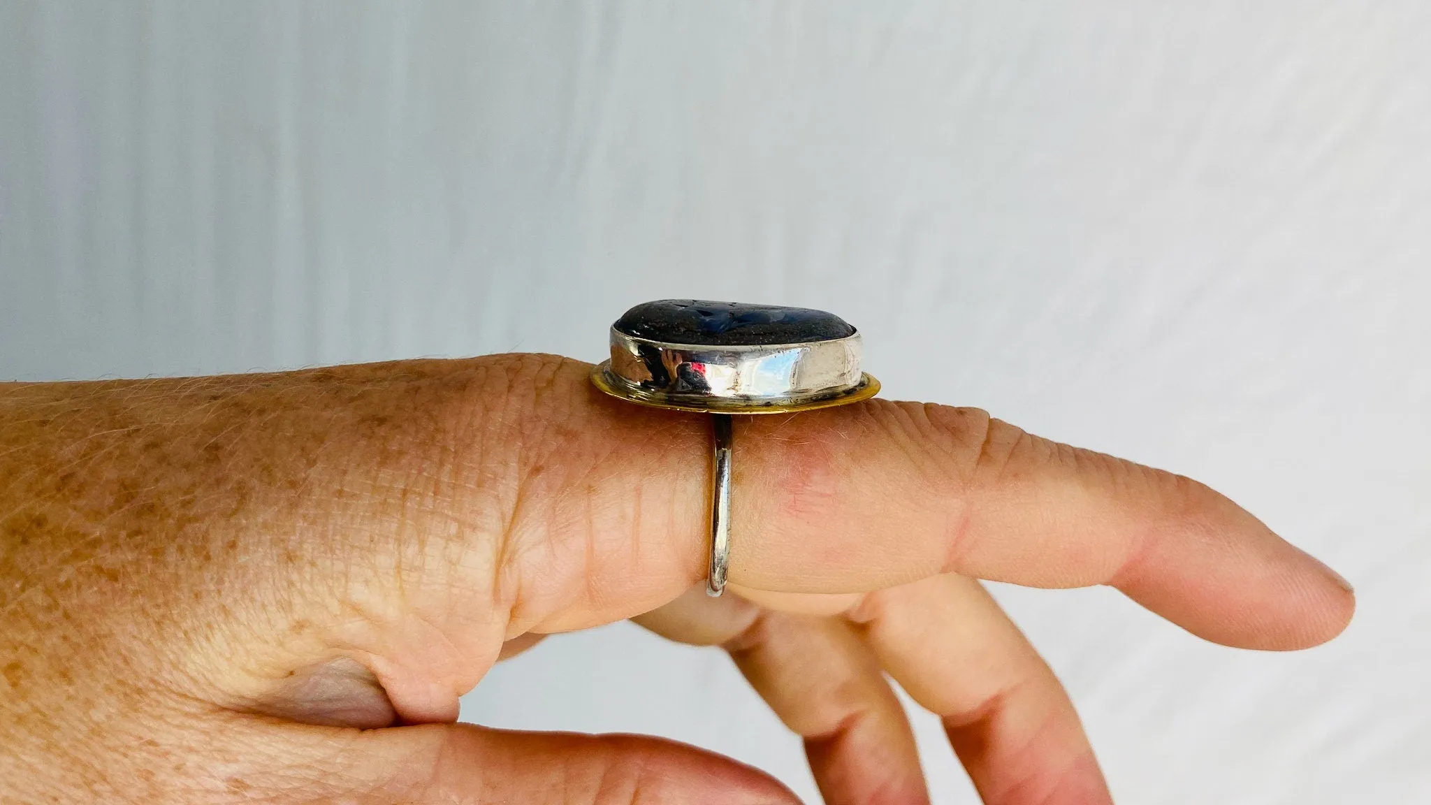 Fire Opal Ring. Size 7.75. Brass and Sterling Silver 0332