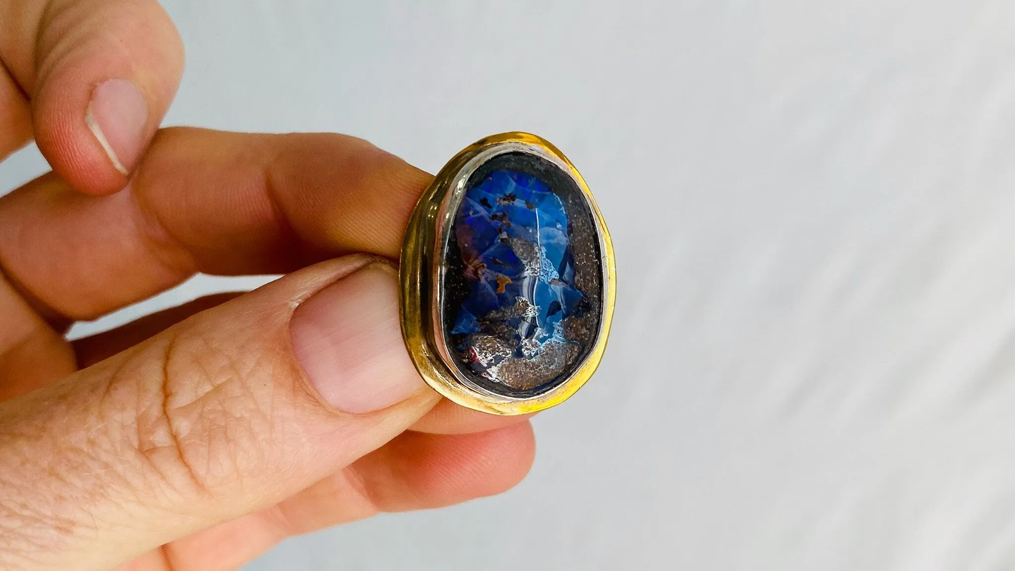 Fire Opal Ring. Size 7.75. Brass and Sterling Silver 0332