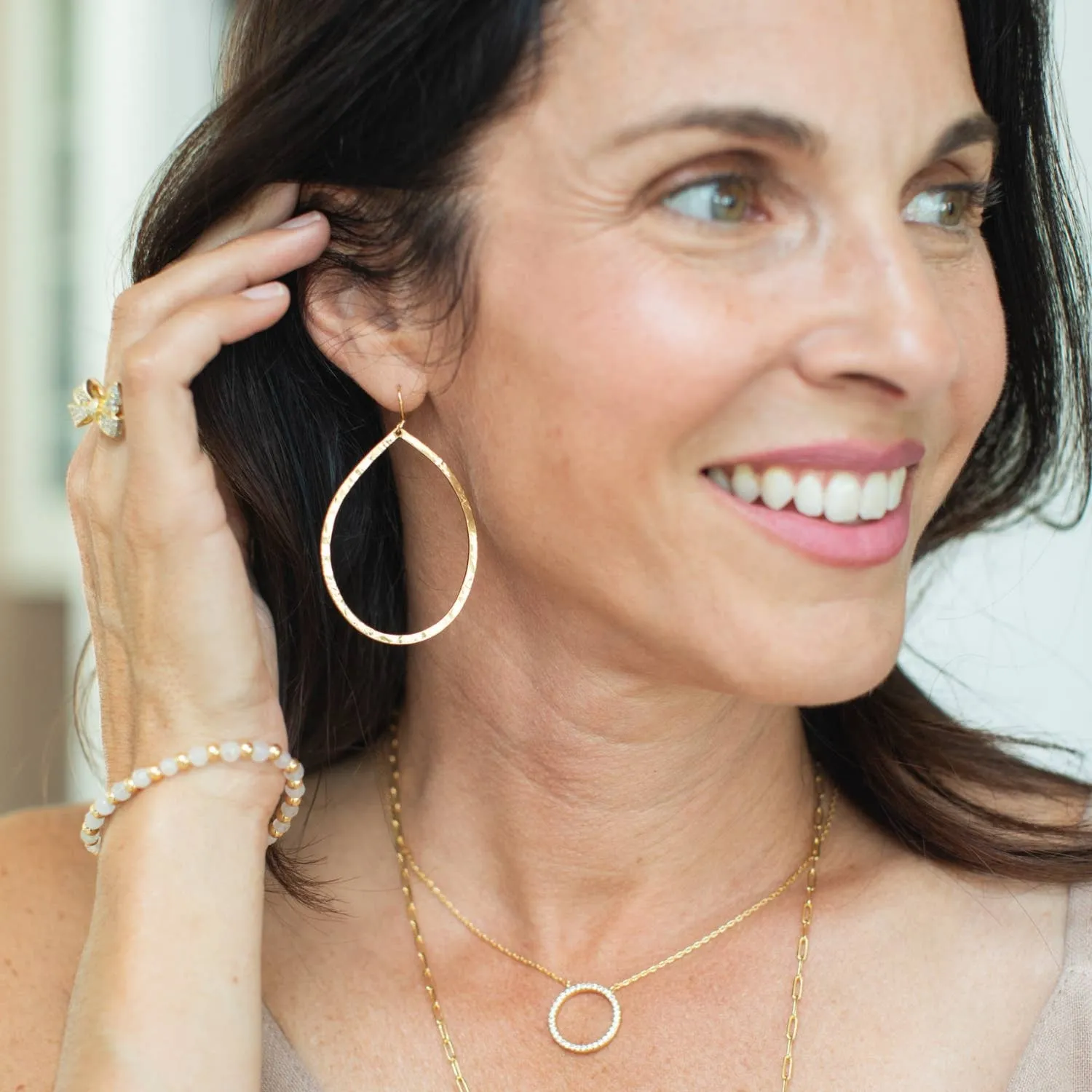 Large Lightly Hammered Open Teardrop Earrings