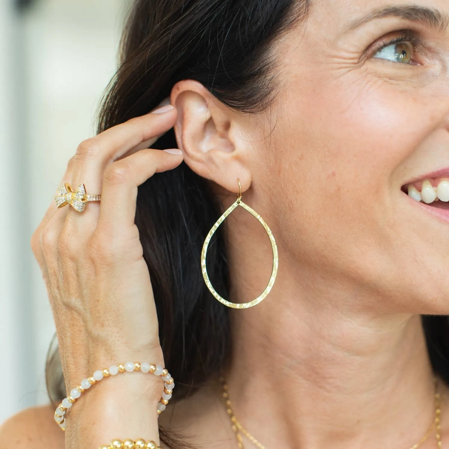 Large Lightly Hammered Open Teardrop Earrings