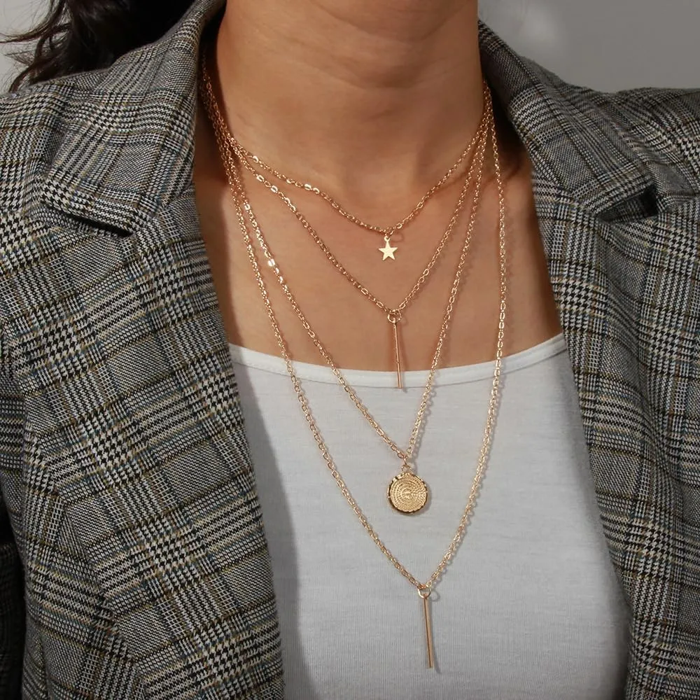 Layered Choker Necklaces for Women Gold Layered Necklaces Star Bar Coin Pendant Necklace Jewelry Gift
