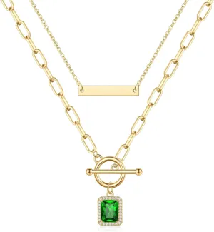 MJartoria Gold Layered Necklaces for Women Trendy Retro Emerald Pendant 14K Gold Plated Dainty Chain Necklaces for Jewelry Birthday Gifts