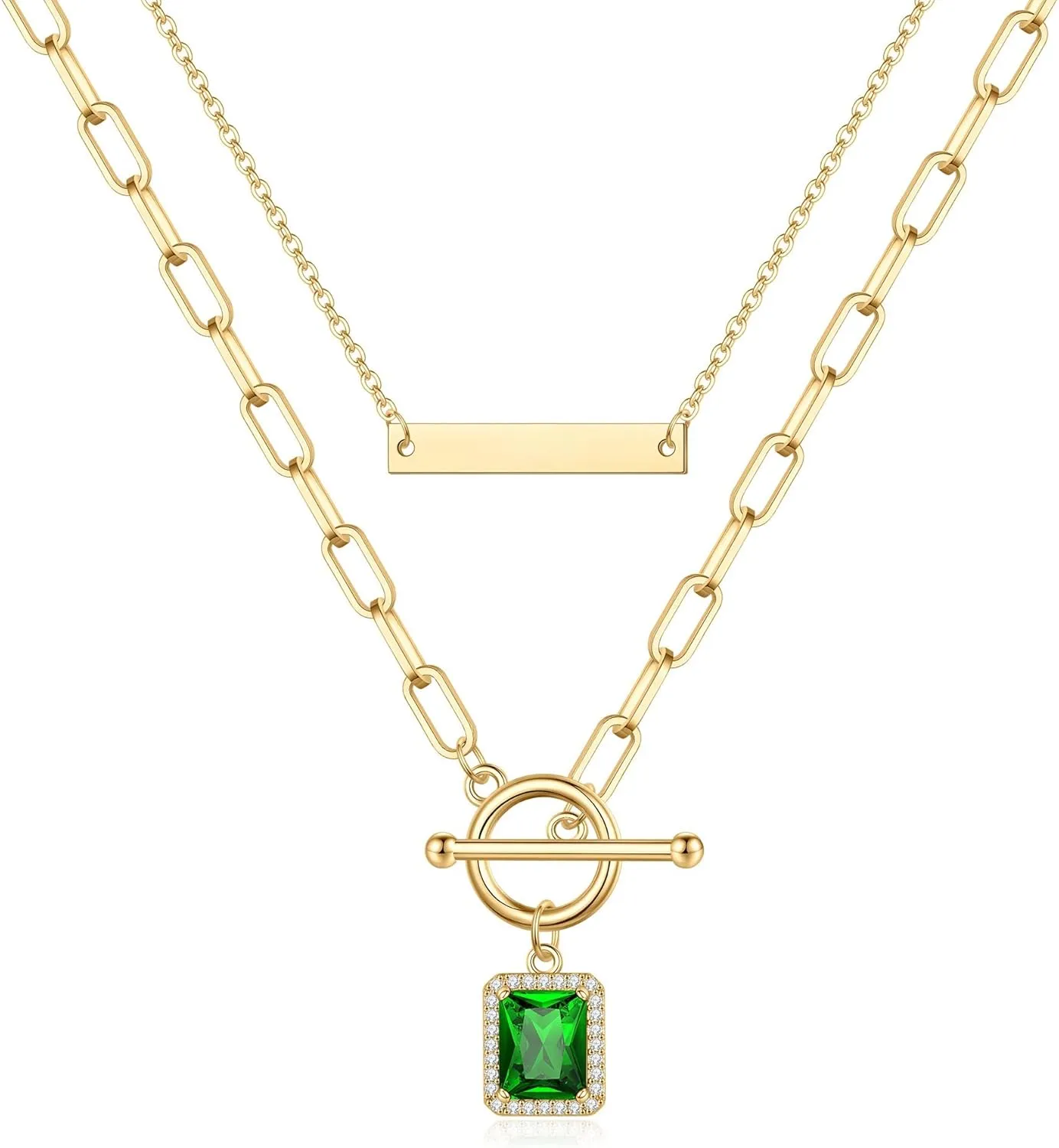 MJartoria Gold Layered Necklaces for Women Trendy Retro Emerald Pendant 14K Gold Plated Dainty Chain Necklaces for Jewelry Birthday Gifts