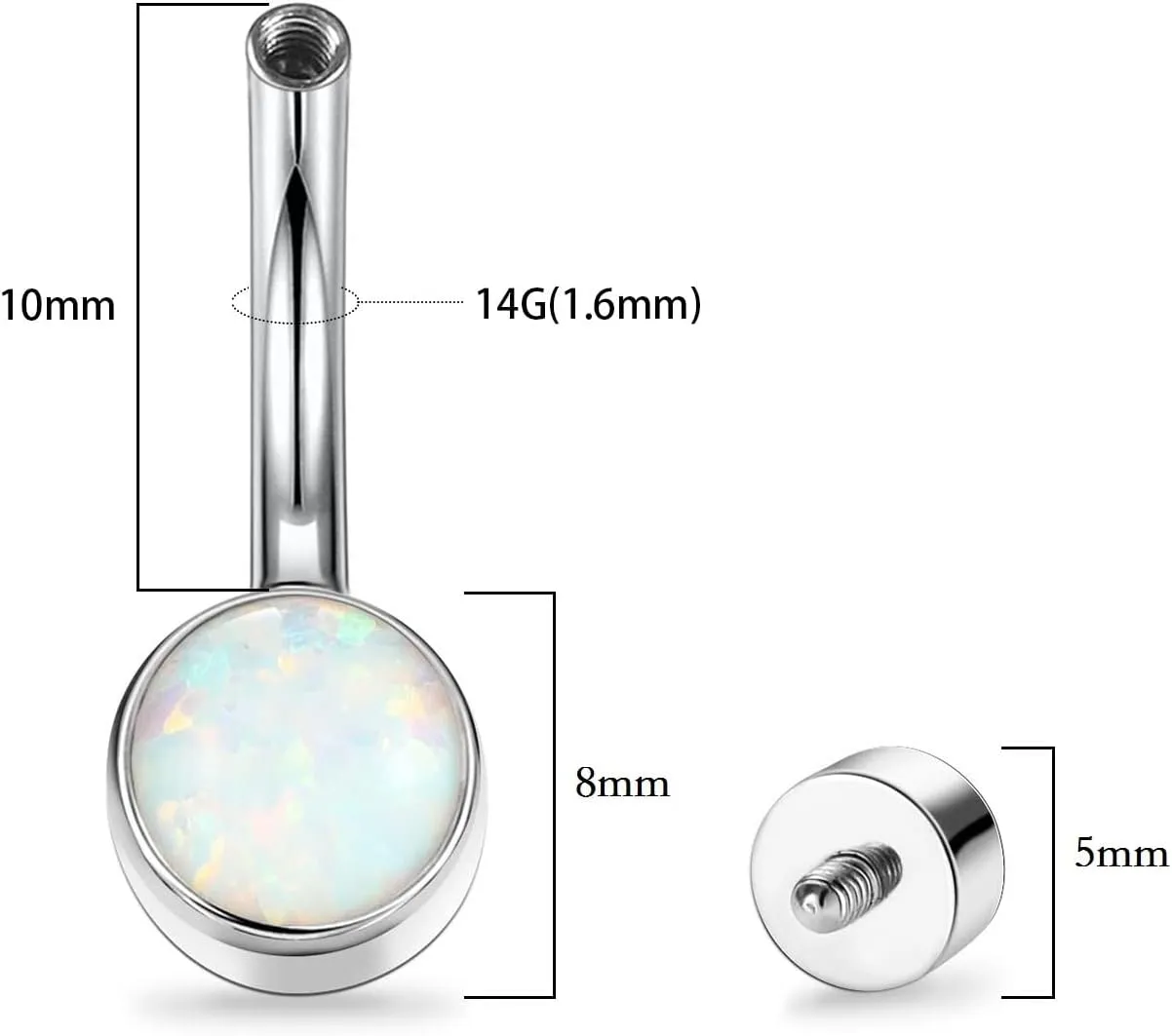 PEAKLINK Opal Belly Button Ring 10mm 14G Belly Jewelry Titanium Navel Ring Internally Threaded Belly Barbell Navel Jewelry Navel Belly Piercing Jewelry for Women