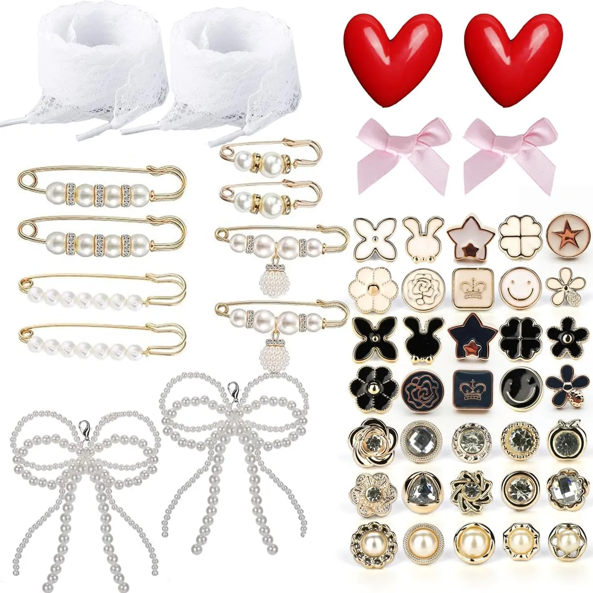 Shoe Charms for Sneakers Women, 51PCS Contain Pearl Lace Bow DIY Decorations Charms Kit Clothing Shoes Jewelry Safety Pins for Junk Socks Shoelace Sambas