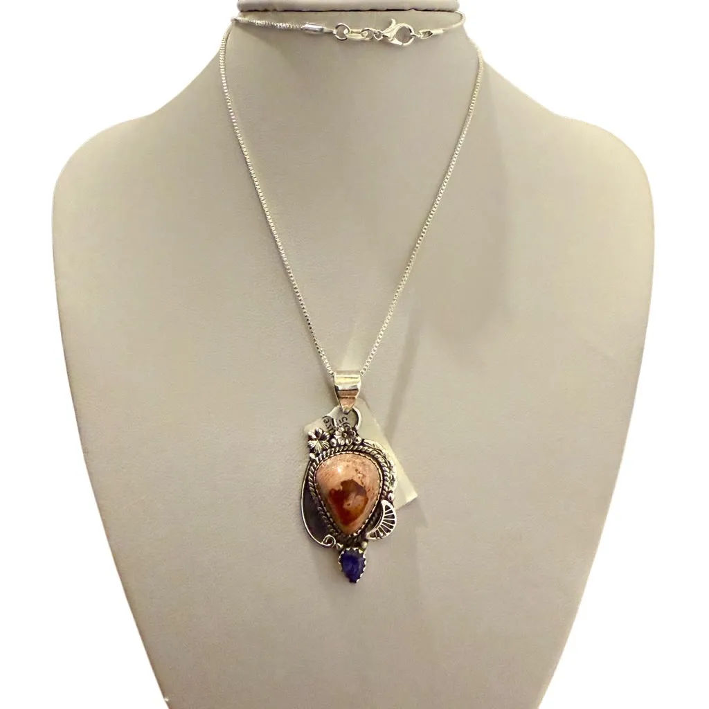 Southwestern Mexican Fire Opal Tanzanite Pendant Necklace Sterling Silver New