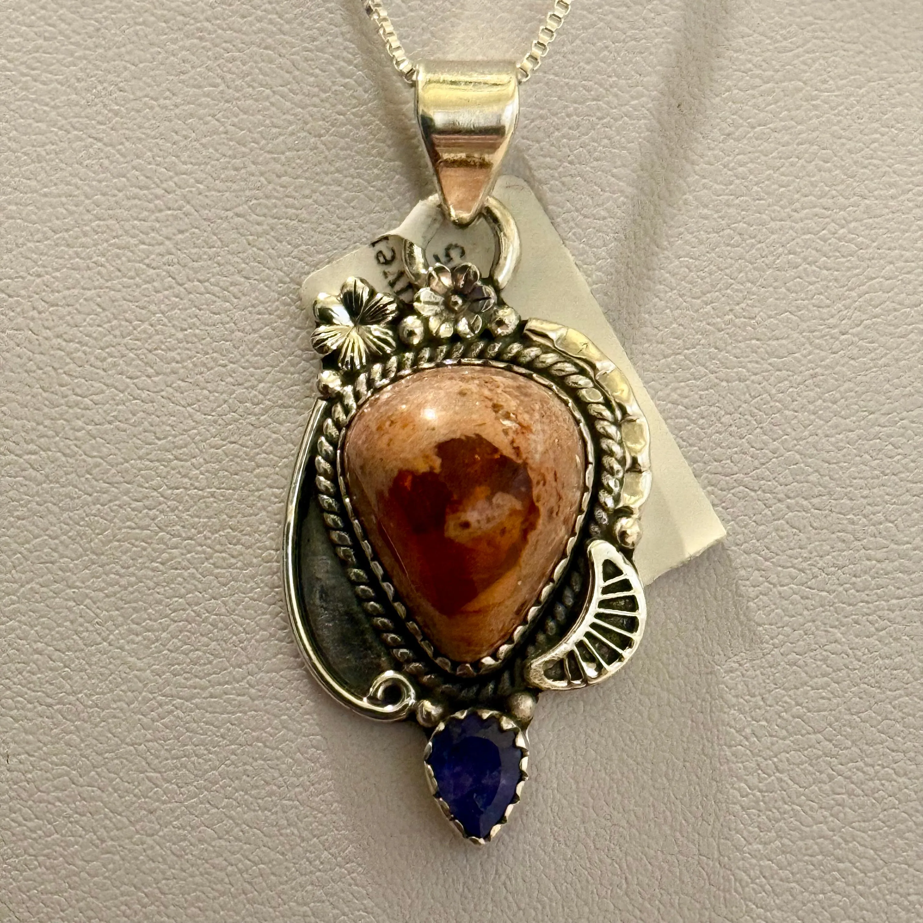 Southwestern Mexican Fire Opal Tanzanite Pendant Necklace Sterling Silver New