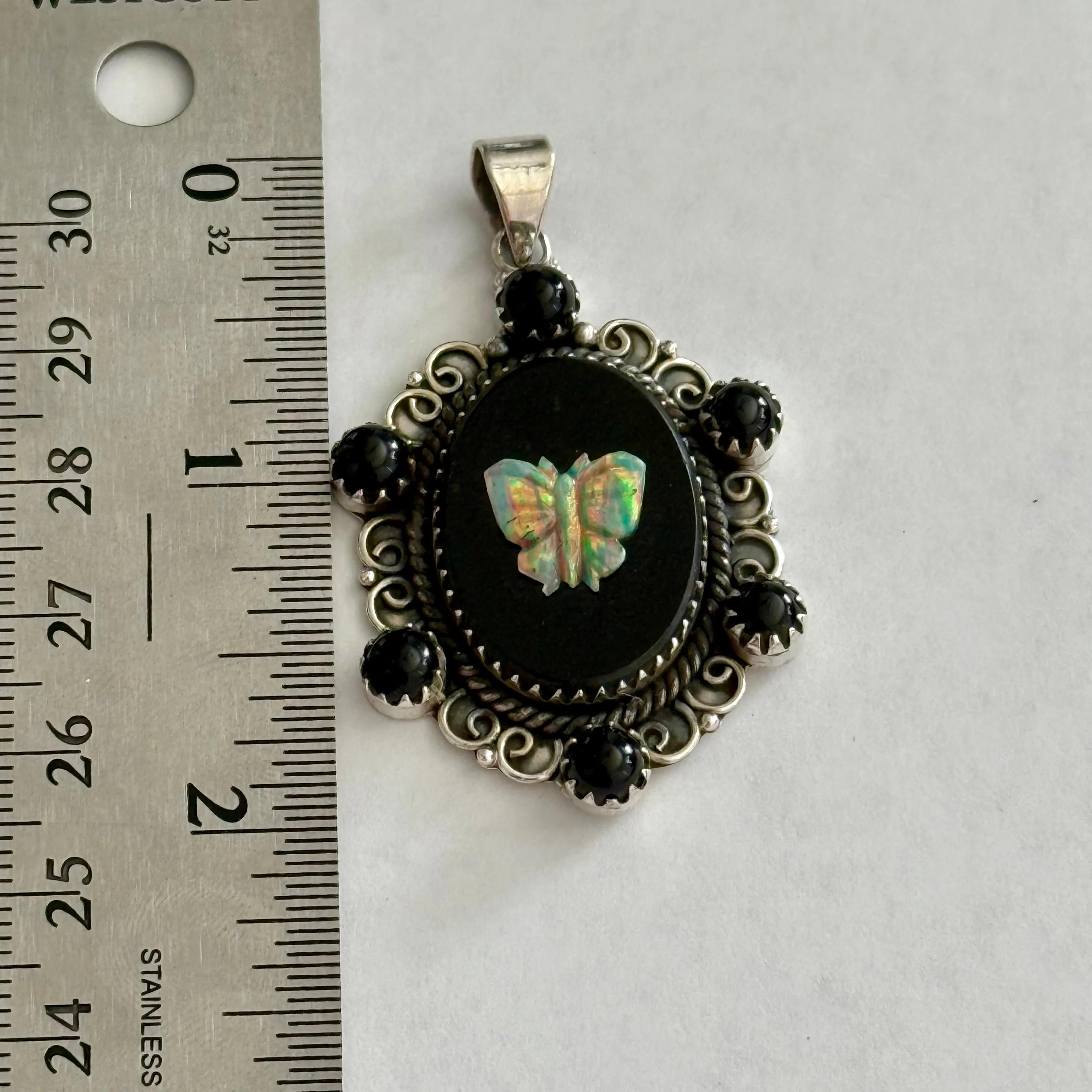 Southwestern Onyx And Opal Butterfly Cameo Oval Necklace Pendant Sterling Silver