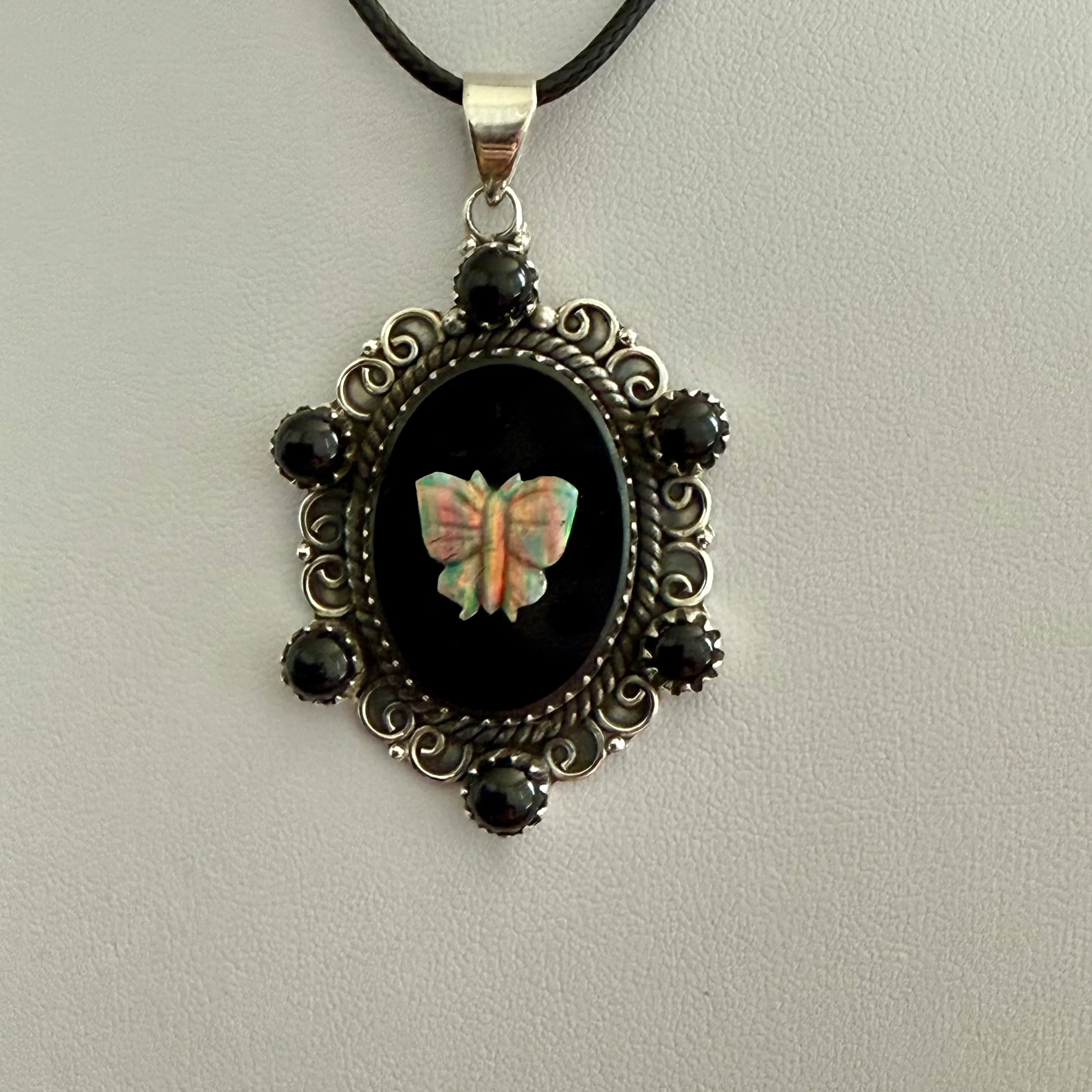 Southwestern Onyx And Opal Butterfly Cameo Oval Necklace Pendant Sterling Silver