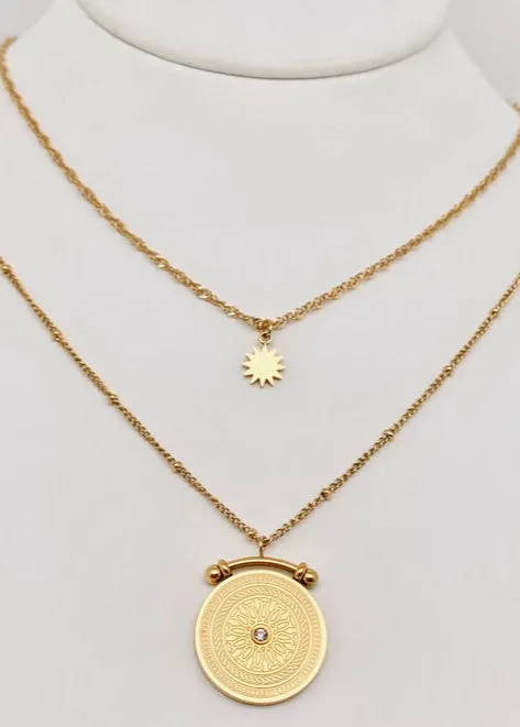 Sun Compass Double Layered Necklace | Gold