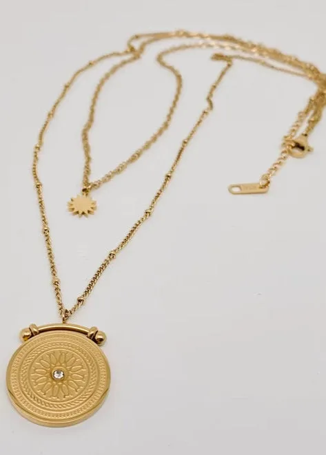 Sun Compass Double Layered Necklace | Gold