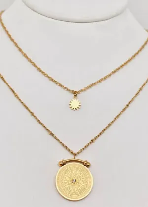 Sun Compass Double Layered Necklace | Gold