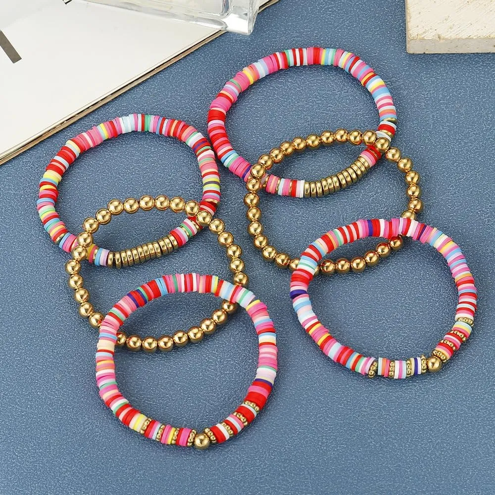 Surfer Heishi Clay Bead Bracelets for Women Pink Bohemian Stackable Stretch Beaded Bracelets Set Polymer Clay Bracelets Friendship Bracelets Preppy Bracelets Boho Summer Beach Jewelry for Women