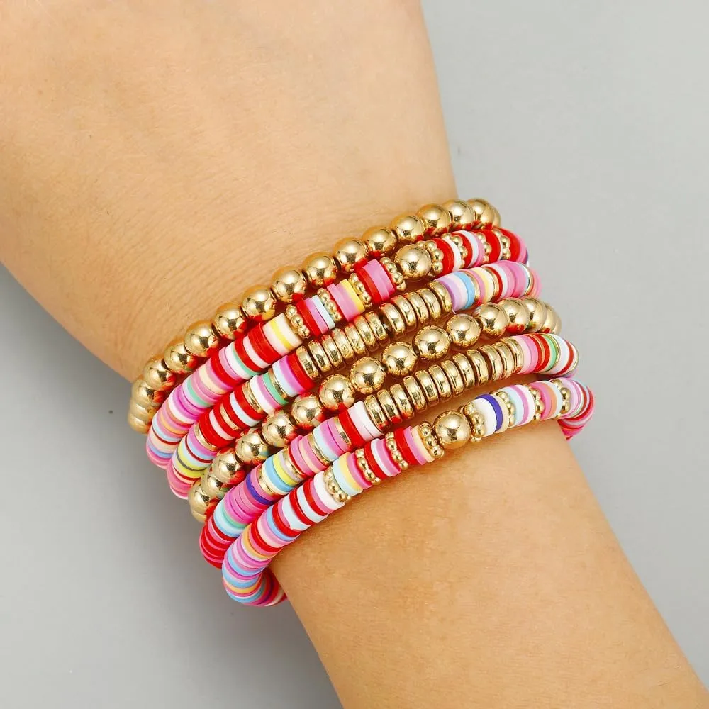 Surfer Heishi Clay Bead Bracelets for Women Pink Bohemian Stackable Stretch Beaded Bracelets Set Polymer Clay Bracelets Friendship Bracelets Preppy Bracelets Boho Summer Beach Jewelry for Women